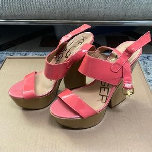 - Kelsi Dagger Upper Leather Platform Wedges, Salmon/Watermelon Color